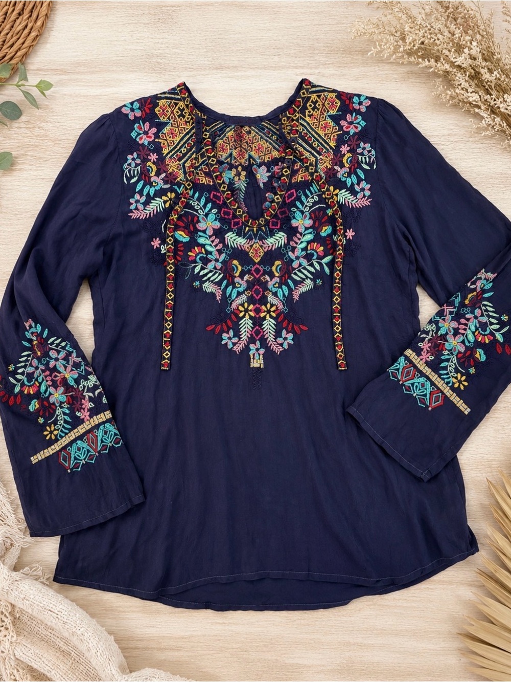 Johnny Was Embroidered Navy Boho Tunic Blouse Top Size S Cupra Rayon